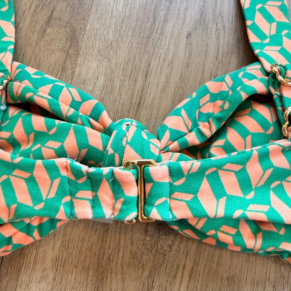 NWT Montce Geo Hayden Bikini Top Green Orange Geometric Knot Front Swim Size S